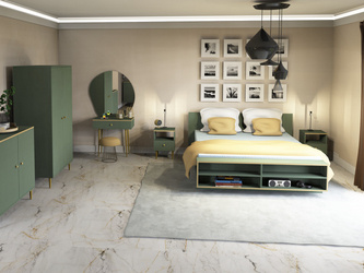 Łóżko dwuosobowe ESTELLA Glamour przydymiona zieleń i szczotkowane aluminium złote